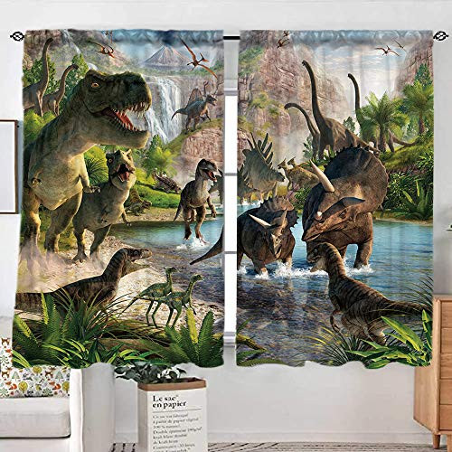 Sevendec Dinosaur Curtains for Kids Room Jurassi World Anicient Animals Pattern Window Curtain Panels Decor for Bedroom Rod Pocket 2 Panels W52 x L84