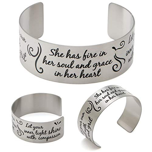 Vera Viva She Has Fire in Her Soul and Grace in Her Heart Inspirational Cuff Bracelet Stainless Steel Adjustable Fit