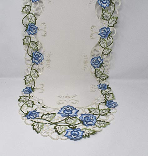 SAINTY H7538B-16x54 Blue Rose Oval Table Runner 16 x 54 Cream