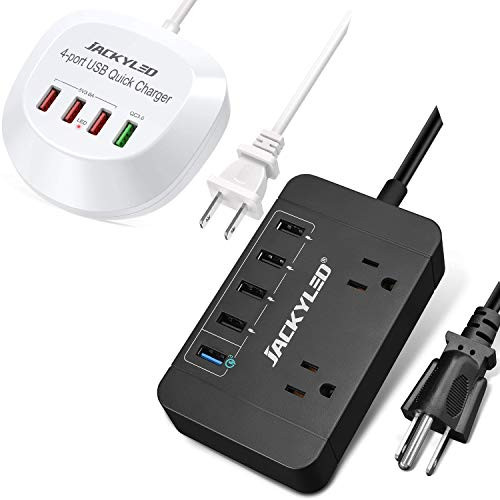 USB Charger Hub with Quick Charge 3_0 JACKYLED 4 USB Ports Portable Fast Charging Station for Multiple Devices and Portable Power Strip with a Quick Charge 3_0 USB Port and Dual AC Outlets