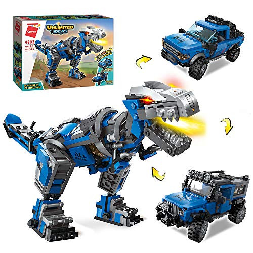 QMAN Building Blocks Dinosaur Vehicle Toy 375pcs Building Sets Educational Toys for Kids 6-12 3 Building Ways T-rex Off-Road Vehicle Pickup Trucks