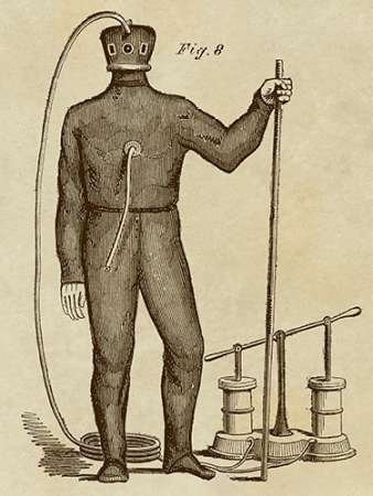 Diving Gear with Suit and Air Pump Poster Print by Inventions 18 x 24