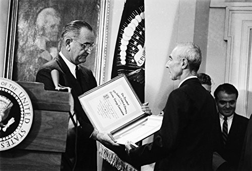 J Robert Oppenheimer N1904-1967 American Physicist Oppenheimer Is Presented The Enrico Fermi Award By President Lyndon Johnson On 2 December 1963 For His Contributions To Theoretical Physics The Ato