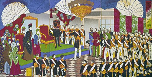 Japan Constitution 1889 Nthe Meiji Emperor Mutsuhito Presents The Constitution Of The Empire Of Japan Woodblock Print Triptych 1889 By Yoshu Shuen Poster Print by 18 x 24
