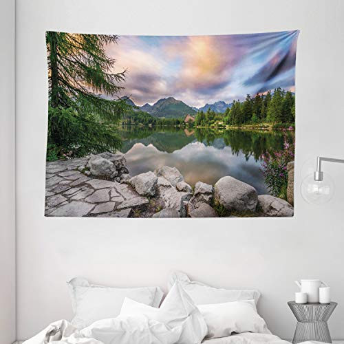 Ambesonne Mountain Tapestry Idyllic View with Tree on Still Lake Surrounded by Mountains and Moody Sky Image Wide Wall Hanging for Bedroom Living Room Dorm 80 X 60 Blue Grey