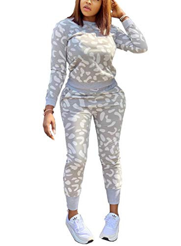Womens 2 Piece Outfits - Spotted Sweatsuits Long Sleeve Pullover Sweatshirt Skinny Long Pants Tracksuit Set Grey XX-Large