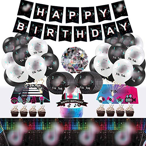124 Pcs Tik Tok Birthday Party Supplies Decorations - Tablecloth - Invitations - Cake Toppers for Tik Tok Party Supplies_