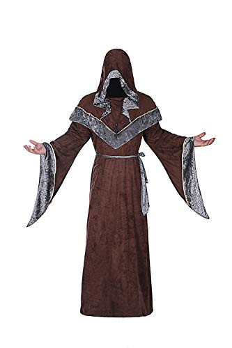 Halloween Sorcerer Robe Costumes for Men Medieval Dark Mystic Hooded Cape Cloak Priest Robe Cosplay Costume XL Coffee