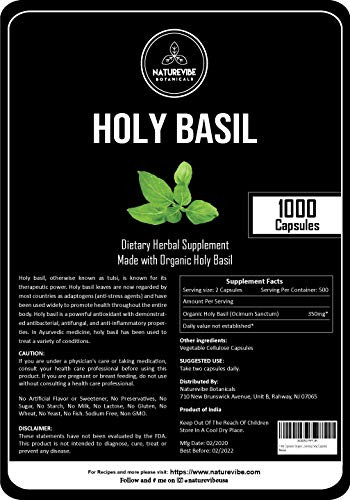 1000 Capsules Organic Holy Basil100 Organic Holy Basil Powder 350mg Per Serving  Veg Capsules  Supports Immunity System
