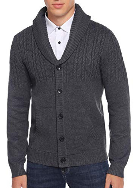 Aibrou Mens Shawl Collar Button Cardigan Sweater Cable Knit Knitwear with Pockets Dark GrayL Aibrou Mens Shawl Collar Button Cardigan Sweater Cable Knit Knitwear with Pockets Dark GrayL