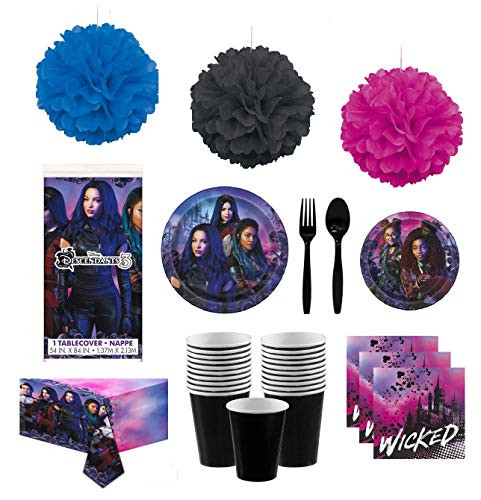 Descendants 3 Party Supplies for 16 - Tableware And Decorations Plates Napkins Table Cover Cups Cutlery Hanging Tissue Decor - Perfect Disney Birthday Set with Audrey Uma Lady Tremaine And More