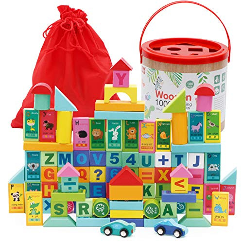 100Pcs Wooden Building Blocks Toys with DigitalVehicle and FruitCreative Pre-School Learning Educational Toy for Boys and GirlsToddler Toys for 3 Year Old Different Shapes Bright Colors