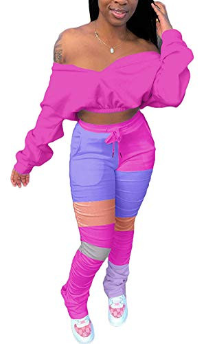 2 Piece Outfits for Women Stacked Pants Set Casual Tracksuit Long Sleeve Crop Tops Leggings Jumpsuits Rose Red