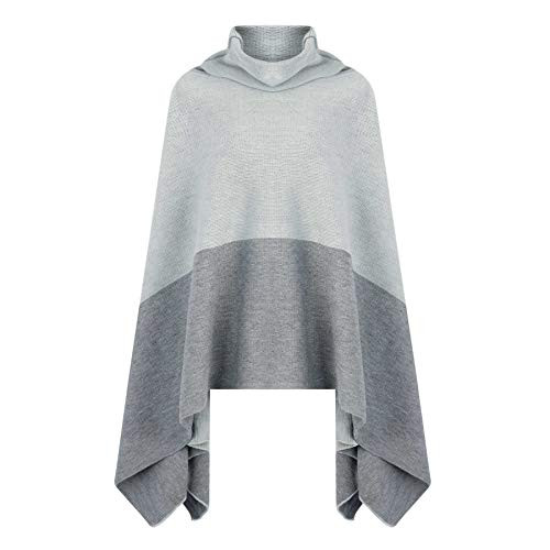 Womens Turtleneck Pullover Poncho Sweater Knit Poncho Cape Color Block Shawl Wrap for Women Mom Loose Fit Grey