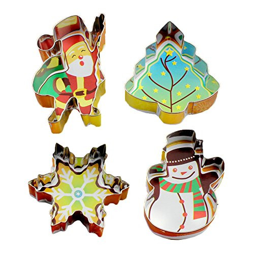 Forvel Stainless Steel Christmas Theme (Xmas Tree, Winter Snowflake, Snowman and Santa Claus) Cookie Cutters Festive Biscuit Pastry Fondant Cake Decorating Mold Set