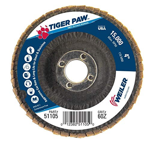 Weiler 51105 Tiger Paw High Performance Abrasive Flap Disc Type 29 Angled Style Phenolic Backing Zirconia Alumina 4 Diameter 58 Arbor 60 Grit 15000 RPM Pack of 10 Weiler 51105 Tiger Paw High Performance Abrasive Flap Disc Type 29 Angled Style Phenolic Backing Zirconia Alumina 4 Diameter 58 Arbor 60 Grit 15000 RPM Pack of 10