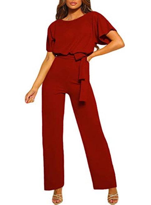 Happy Sailed Women Casual Loose Short Sleeve Belted Wide Leg Pant Romper Jumpsuits X-Large Red