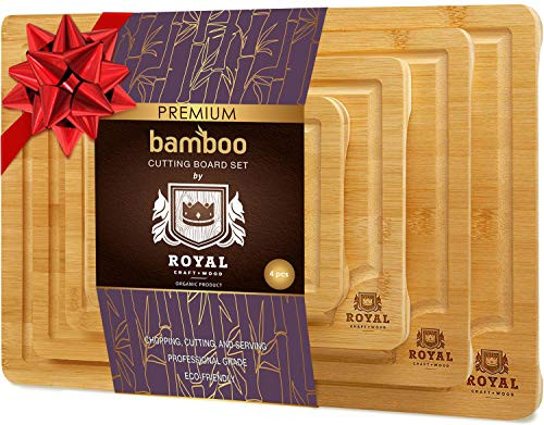 Organic Bamboo Cutting Board with Juice Groove - Kitchen Chopping Board for Meat Butcher Block Cheese and Vegetables Serving Tray wHandles 4-Piece Organic Bamboo Cutting Board with Juice Groove - Kitchen Chopping Board for Meat Butcher Block Cheese and Vegetables Serving Tray wHandles 4-Piece