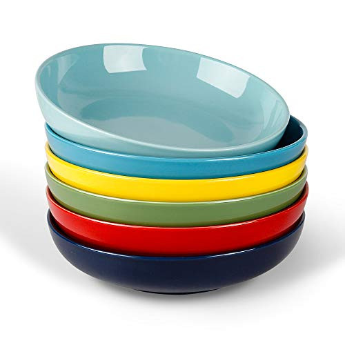 KitchenTour Porcelain Pasta Dessert Salad Bowls - Large and Durable Serving Bowl Set 26 Ounce - Dishwasher and Microwave Safe - Set of 6 Multi-color