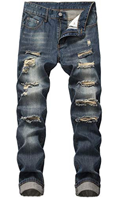 HENGAO Mens Fashion Destroyed Slim Fit Straight Ripped Jeans 305 Dark Blue W36