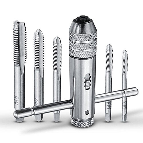 IBEUTA Adjustable T-Handle Ratchet Tap Holder Wrench Tapping Threading Tool Set with 5pcs M3-M8 3mm-8mm Machine Screw Thread Metric Plug T-shaped Tap