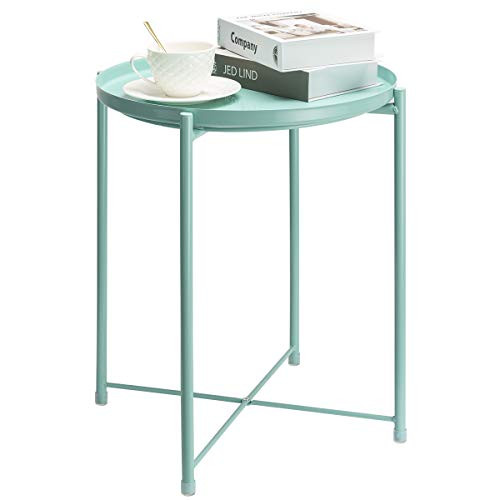 danpinera End Table Side Table Mental Waterproof Small Coffee Table Sofa Side Table with Round Removable Tray for Living Room Bedroom Balcony and Office Mint Blue
