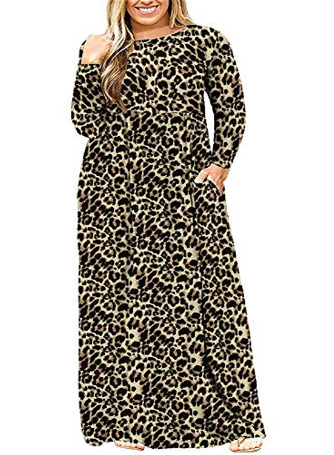 BISHUIGE Womens L-6XL Casual Plus Size Maxi Dresses with Pockets 6XL Spotted Leopard