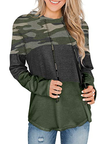 Actloe Women Long Sleeve Striped Color Block Casual Hoodies Loose Patchwork Pullover Sweatshirt Knit Tops Camo Large