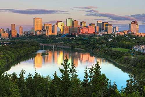 Posterazzi PPI149648L Reflection of Downtown Buildings in Water at Sunrise North Saskatchewan River Edmonton Alberta Canada Poster Print 36 x 12