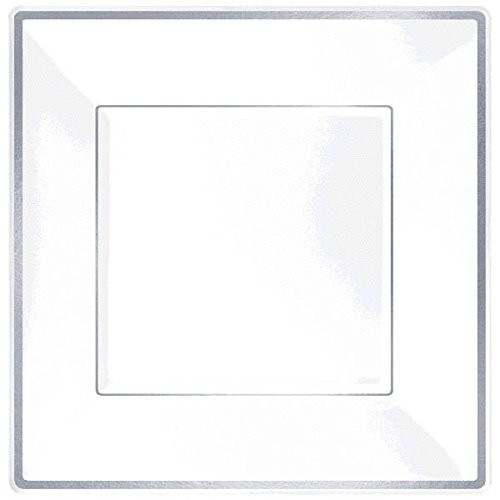 Amscan Elegant Square Plastic Plate Party Tableware and Reusable Dishware, 7 1/4" (Pack of 8), White/Silver