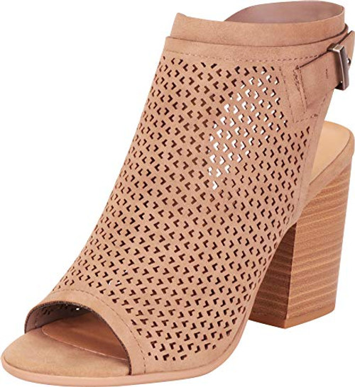 Cambridge Select Womens Open Toe Laser Cutout Perforated Slingback Stacked Block Heel Ankle Bootie10 BM USLight Taupe PU