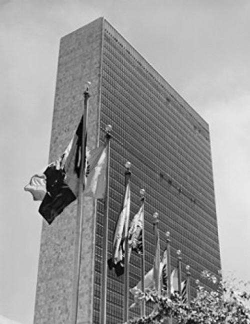 USA New York City Manhattan United Nations Building low angle view Poster Print 18 x 24