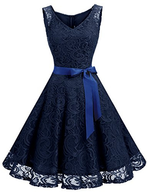 Dressystar 0010 Women Floral Lace Bridesmaid Party Dress Short Prom Dress V Neck Navy L