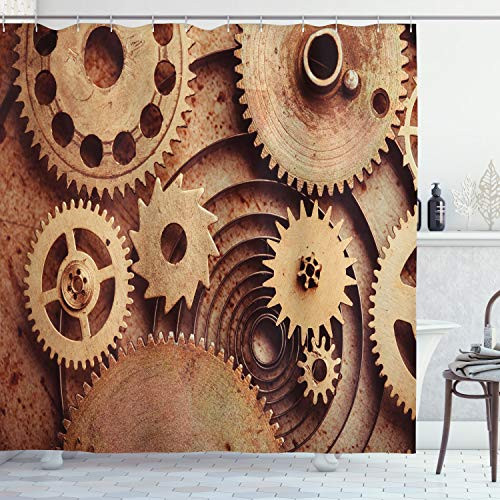 Ambesonne Industrial Shower Curtain Inside The Clocks Theme Gears Mechanical Device Image in Steampunk Style Print Fabric Bathroom Decor Set with Hooks 75 inches Long Cinnamon