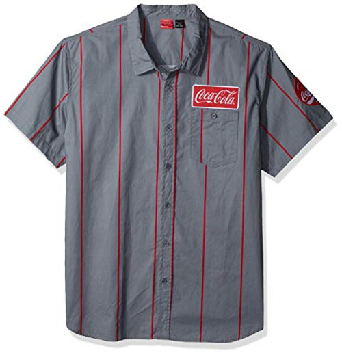 Coca-Cola Mens Striped Button Up Work Shirt with Logo Patch GreyRed 2XL