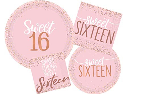 Sweet 16 Birthday Party Supplies Bundle Includes Dinner and Dessert Plates Lunch and Beverage Napkins for 16 People in a Blush Pink Design