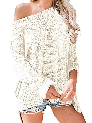 Ybenlow Womens Off Shoulder Sweaters Batwing Sleeve Loose Slit Oversized Pullover Knit Jumper Slouchy Tunic Tops White