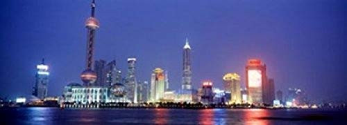 Buildings lit up at dusk Shanghai China Poster Print 36 x 13