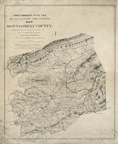 Vintage 1864 Map of Montgomery County - Relief shown by hachures_ - Shows the names of some residents_ - Map from the Confederate Engineer Bureau in Richmond Va_ General J_F_ Gilmer chief enginee