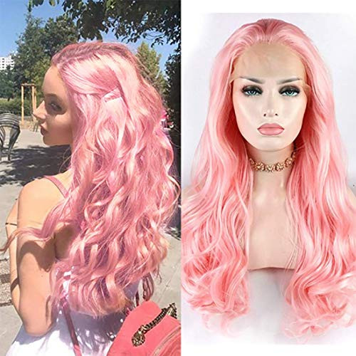 Long Pink Wavy Wigs Synthetic Hair Lace Front Wigs Curly Wavy Wigs 22 Inch 360 Gram Full Head Heat Resistant Wigs J032-Big Wavy Wigs-Pink