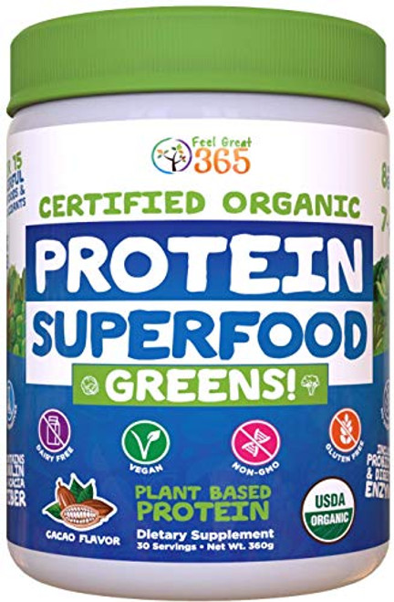 Feel Great Vitamin Co_ Protein Superfood Greens Organic Plant-Based Protein Powder Prebiotics Probiotics Antioxidant Immune Health Non-GMO Vegan Gluten Free Cacao Flavor 30 servings Feel Great Vitamin Co_ Protein Superfood Greens Organic Plant-Based Protein Powder Prebiotics Probiotics Antioxidant Immune Health Non-GMO Vegan Gluten Free Cacao Flavor 30 servings