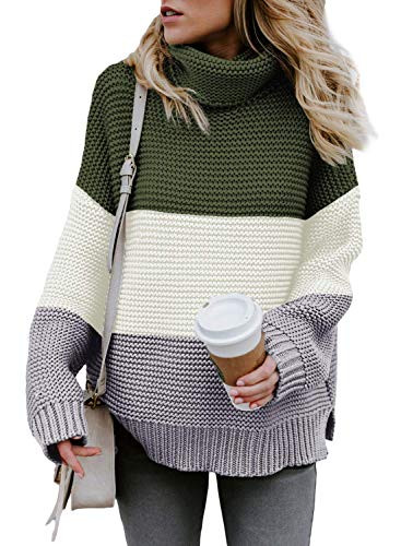 Bakoliza Green Winter Sweaters for Women Turtleneck Color Block Oversized Sweater Striped Long Sleeve Ribbed Knit Pullover Sweater