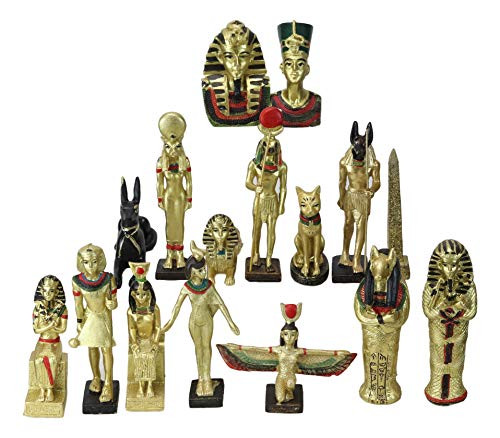 Ebros Miniature Egyptian Gods and Goddesses Figurine Set of 16 Featuring Anubis Osiris Maat Isis Bastet Sekhmet Obelisk Sphinx King TUT Queen Nefertiti Mummy Hathor Horus and Seth