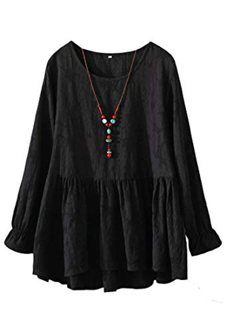 Mordenmiss Womens Cotton Tunic Tops Long Sleeve Swing Pleated Mini Dress Jacquard Blouse L Black
