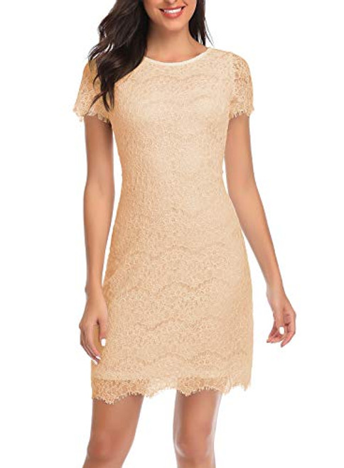 MISSJOY Womens Vintage Short Sleeves Lace Cocktail Swing Dress Elegant Bridesmaid Party Dress Beige M MISSJOY Womens Vintage Short Sleeves Lace Cocktail Swing Dress Elegant Bridesmaid Party Dress Beige M