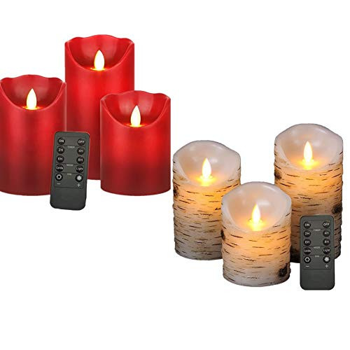 HEIOKEY LED Flameless Candle Set of 3 4 5 6 Red and Birch Bark Wax LED Pillar Lights Battery Operated Flickering Flameless Candles Electronic Candel Sets with Timer and 10-Key Remote Control