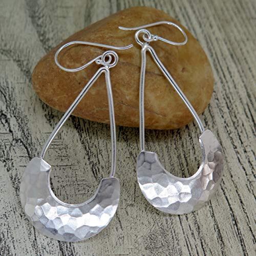Sterling Silver Long Hammered Crescent Boho Statement Dangle Earrings Handmade Shinny Half Moon Shape Plate Bohemian Drop Earrings