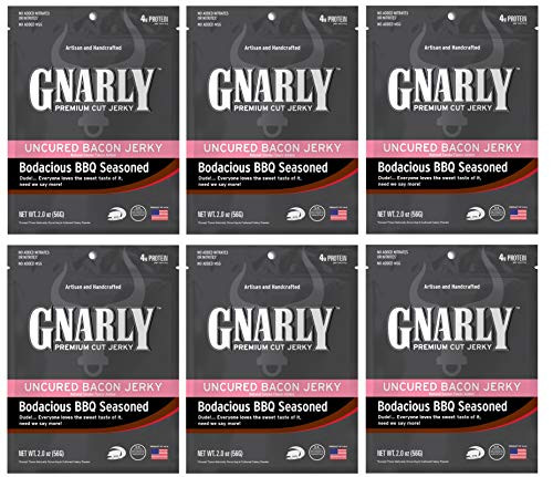 GNARLY Jerky Premium Cut Uncured Bacon Jerky Bodacious BBQ Flavor 2_5 Ounce Bag 6-Pack GNARLY Jerky Premium Cut Uncured Bacon Jerky Bodacious BBQ Flavor 2_5 Ounce Bag 6-Pack