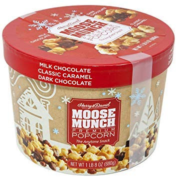 Harry and David Classics Moose Munch Premium Popcorn Drum 24 Ounces Milk Chocolate Dark Chocolate and Caramel Popcorn