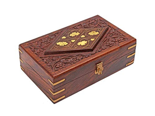 Diwali Gifts Hand Carved Decorative Wooden Jewelry Trinket Holder Organizer Keepsake Storage Box Chest with Brass Inlay